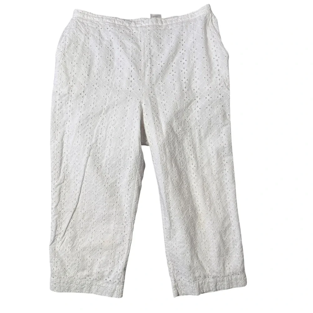 White Eyelet Lace Cropped Capri Pants Size 10 Elastic Waist Cotton BOHO Casual